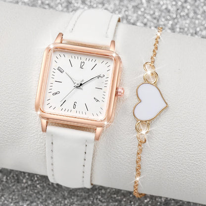2/4PCS Fashion Square Women's Watch Leather Band Quartz Watches Heart Bracelet Set（Without Box） - Smarsty