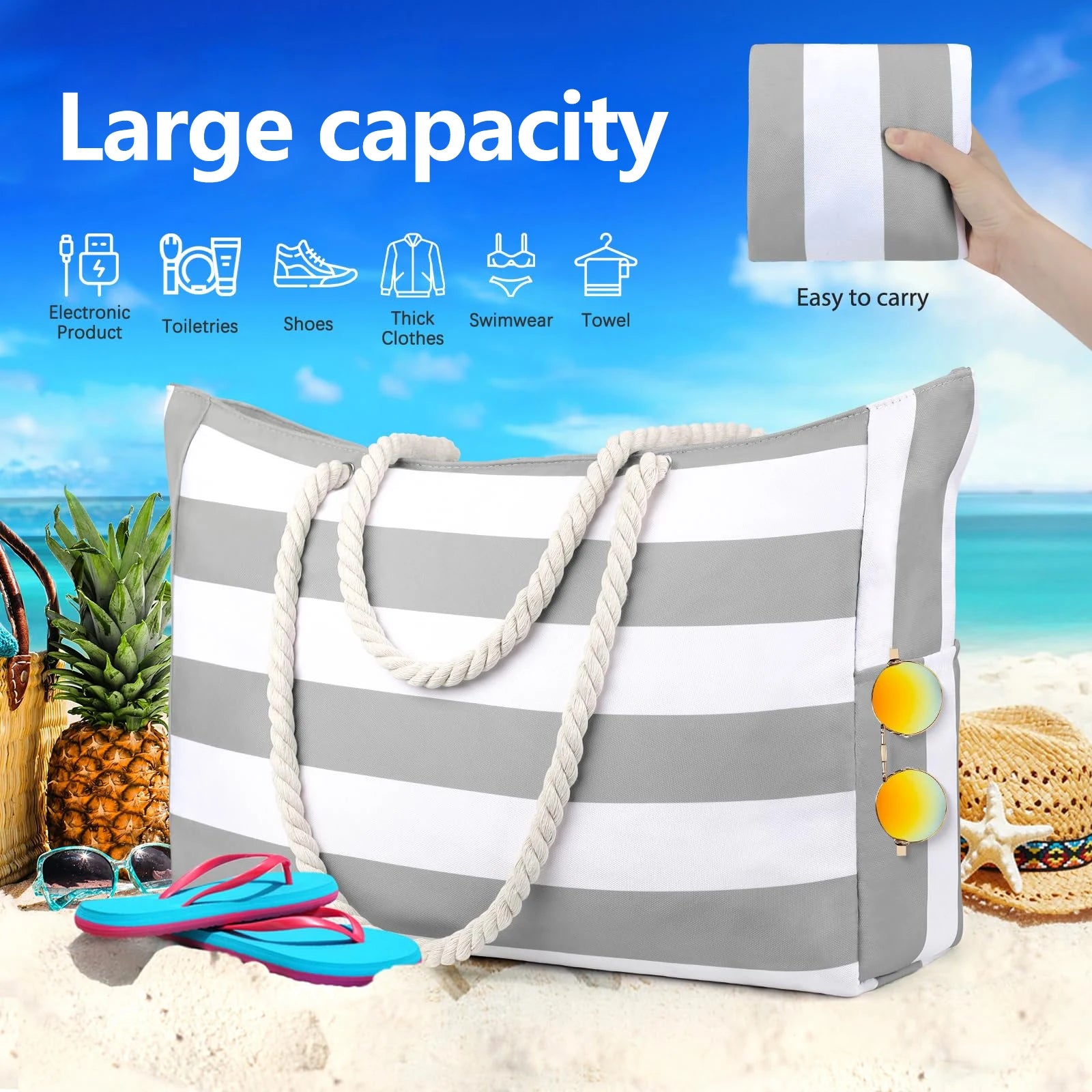 Waterproof Beach Bag Foldable Striped Zipper Outdoor Tote - Smarsty