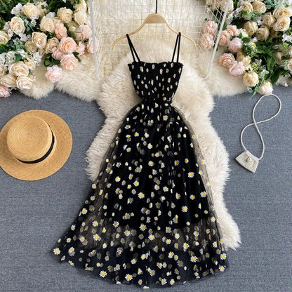 YuooMuoo Women Dress 2025 New Korean Fashion Floral Print Spaghetti Straps Mesh Party Dress Vacation Style Lady Beach Vestidos - Smarsty