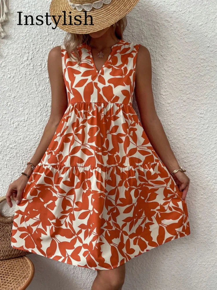 Women Boho Print Mini Dress Summer Elegant Sleeveless V Neck Ruffle A Line Tank Dress Casual Loose Oversize Beach Party Sundress - Smarsty