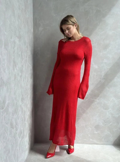 Hirsionsan Spring Autumn O-Neck Elastic Knit Long Dresses Women 2024 Elegant Chic Soft Lady Hollowing Sweater Dresses Femme New - Smarsty