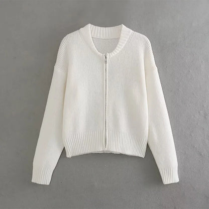 Vintage Knit Women Cardigan Casual Full Sleeve Zipper O Neck Pleated Solid Lady Sweater 2025 Autumn Fashion Female Knitwear - Smarsty