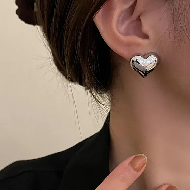 Gold Heart Stud Earrings Minimalist Smooth Surface Bridal - Smarsty