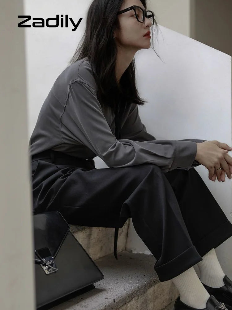 2025 Summer Minimalist Long Sleeve Button Up Shirt Women Korean Style Solid Tie Oversize Shirts Blouse Loose Clothes Autumn Tops - Smarsty