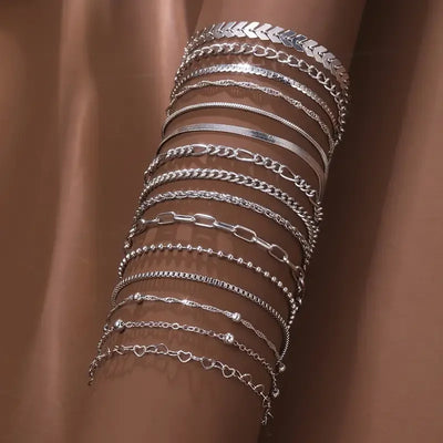 15 Piece Silver Chain Bead Bracelets for Women - Smarsty