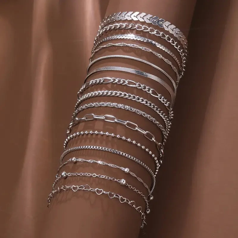 15 Piece Silver Chain Bead Bracelets for Women - Smarsty