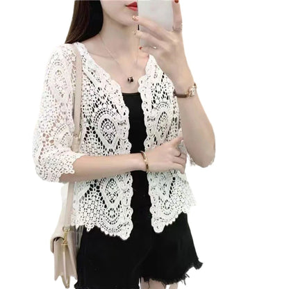 Women Knitted Lace Shrug Boho Hollow Crochet Floral 3/4 Sleeves Open Front Cropped Cardigan Elegant Mesh Sweater Coveup - Smarsty