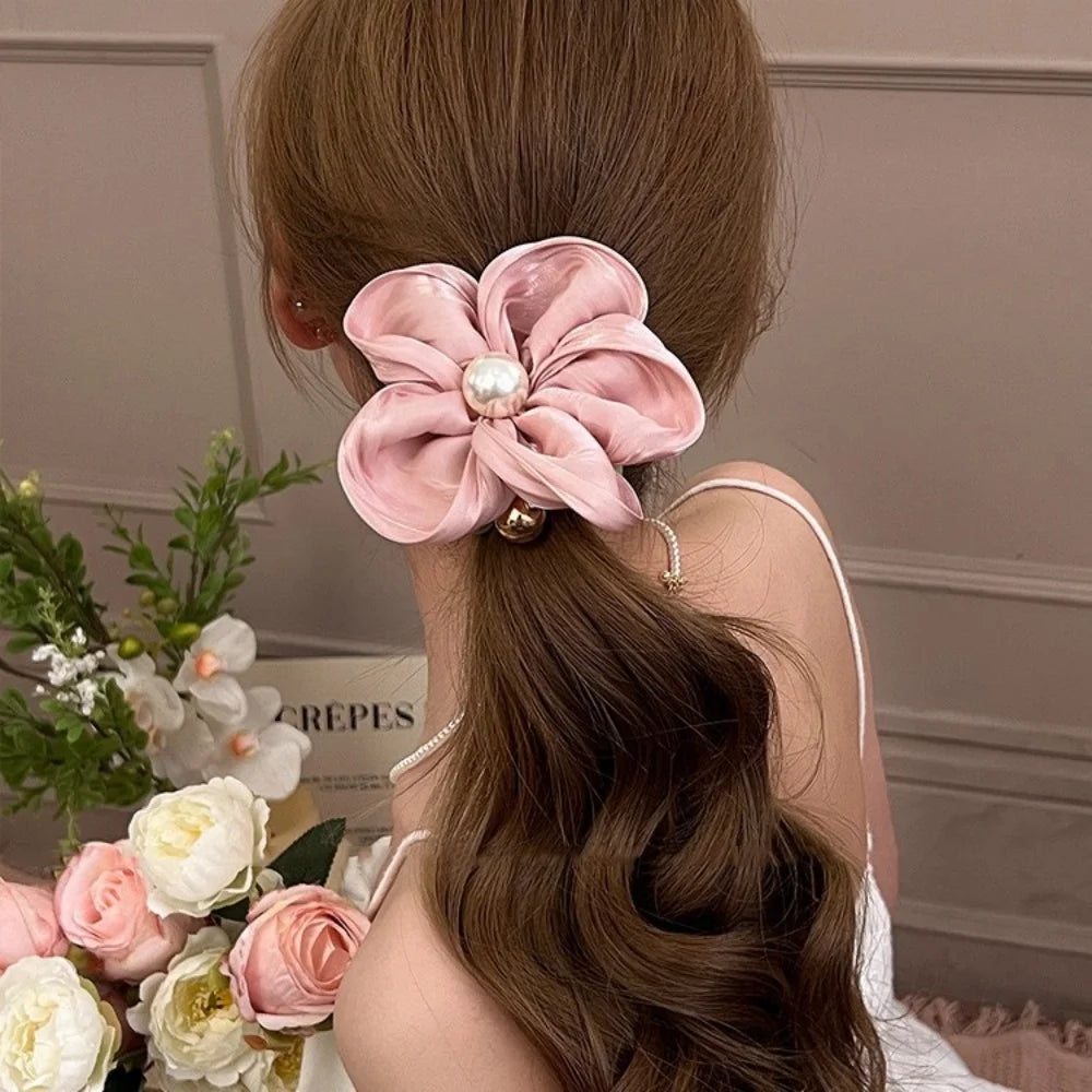 Summer Pearl Flower Scrunchie High Elastic Hair Tie - Smarsty