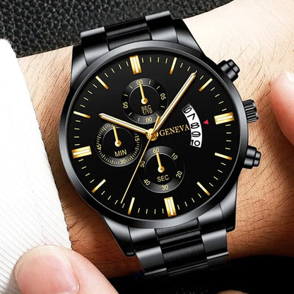 Luxury Black Stainless Steel Men's Watch with Calendar Feature - Smarsty