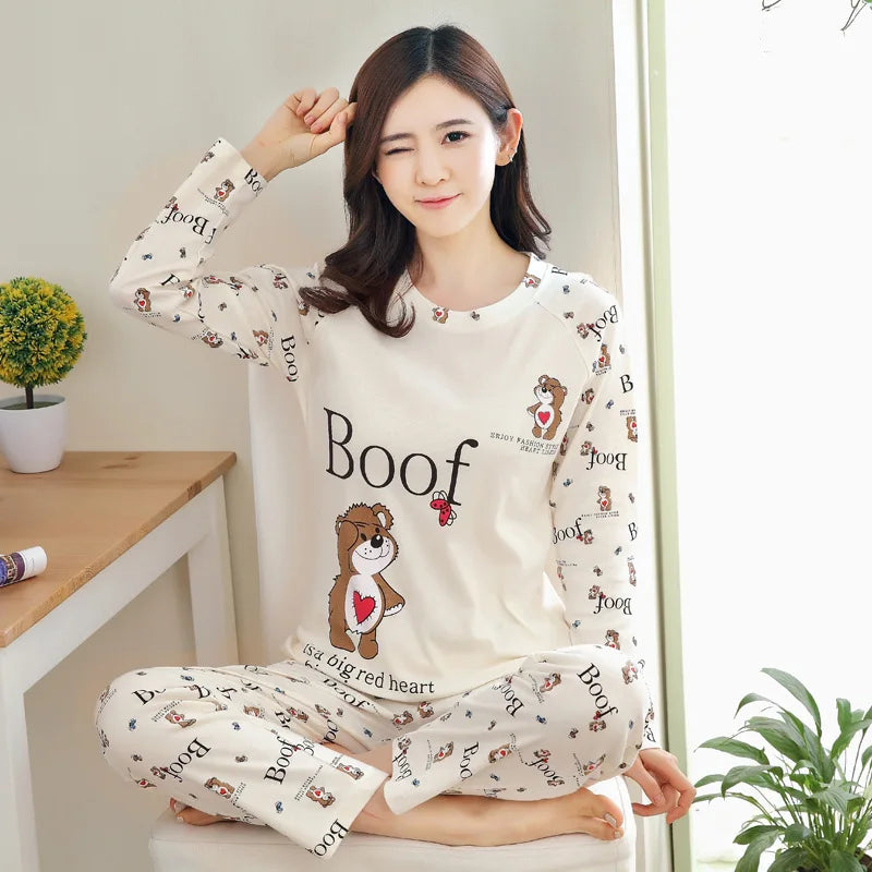 2PCS/Set Women Fashion Long-Sleeved Pajamas Fall and Winter Cartoon Love Bear Cute Soft Loose Casual Sleepwear Outside Homewear - Smarsty