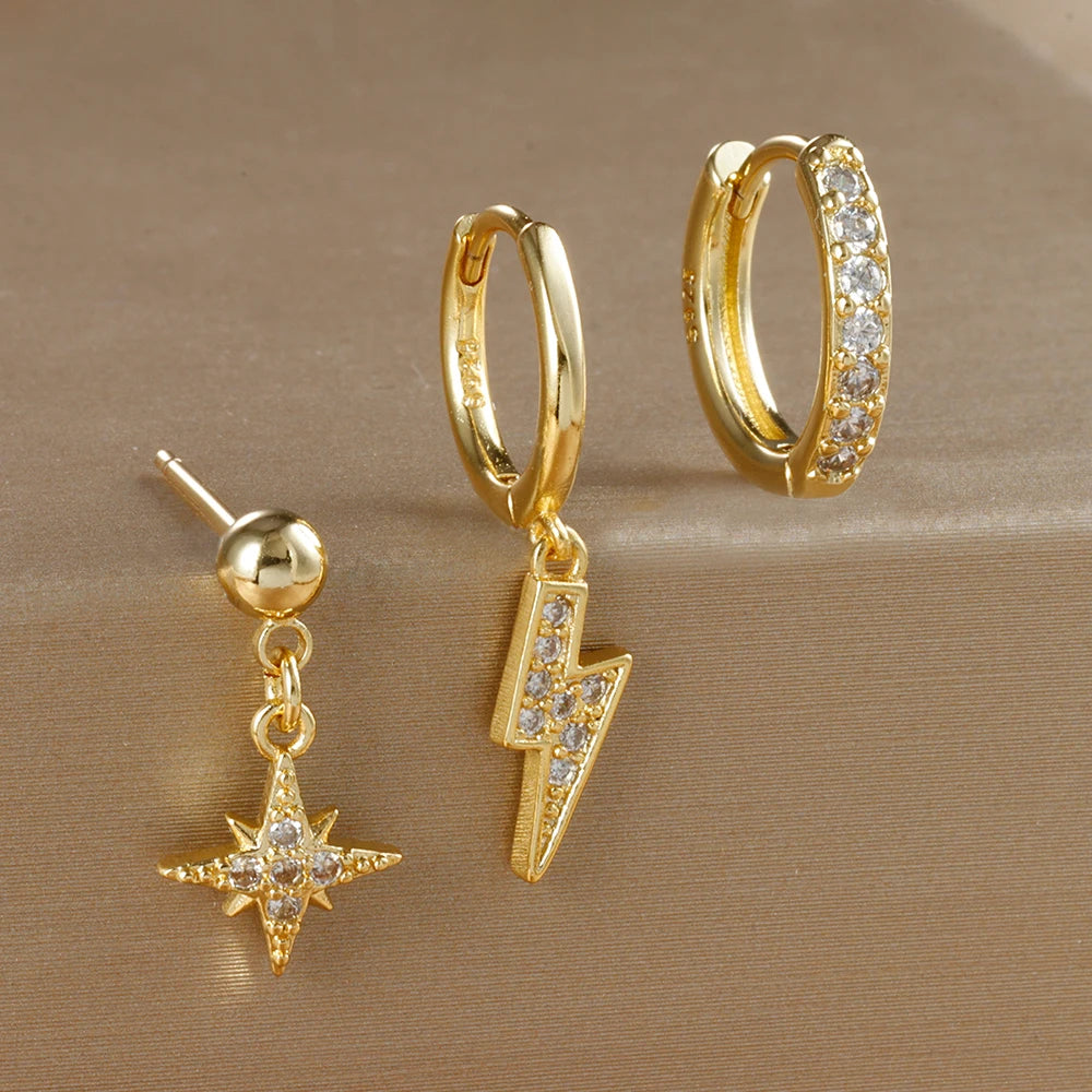 3Pc Stainless Steel Star Stud Earrings Sparkling Zircon - Smarsty