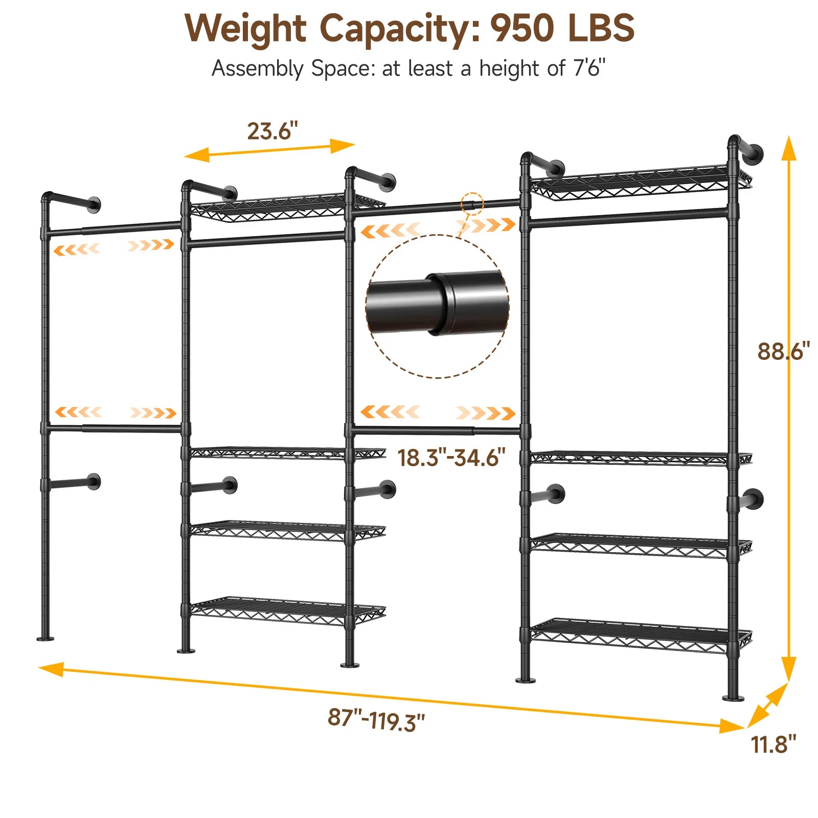L4 Wall Mounted Industrial Pipe  Clothes Rack, Closet Organizer System with Rods Expandable, Clothing Rack, Corner Garment Rack