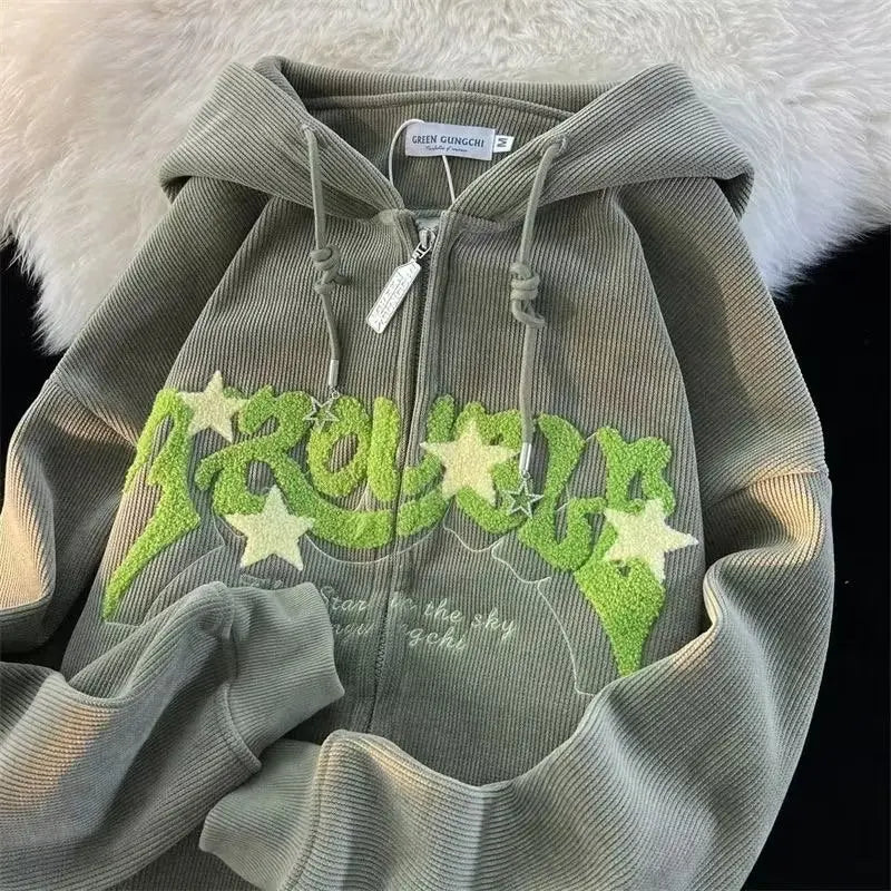 Autumn Long Sleeve Hooded Tops Fashion Zipper Embroidery Y2K Harajuku Streetwear Hoodies Jackrts Women Loose New Sweatshirts