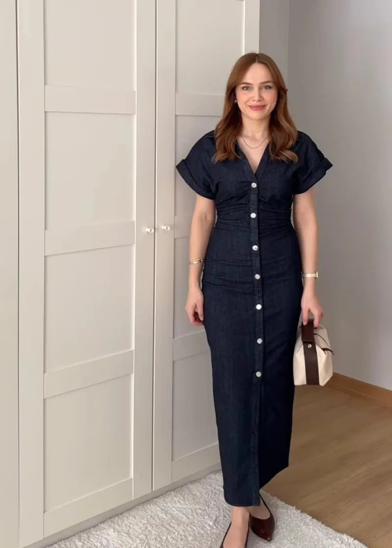 2025 traf Spring New 1975 series denim MIDI dress with lapel side zipper fashion wrinkle waist slim elegant dress - Smarsty
