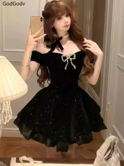 Black French Vintage Elegant Design Woman Dress Gothic Off Shoulder Retro Mini Dress Female Fairy Birthday Party Chic Outfits - Smarsty