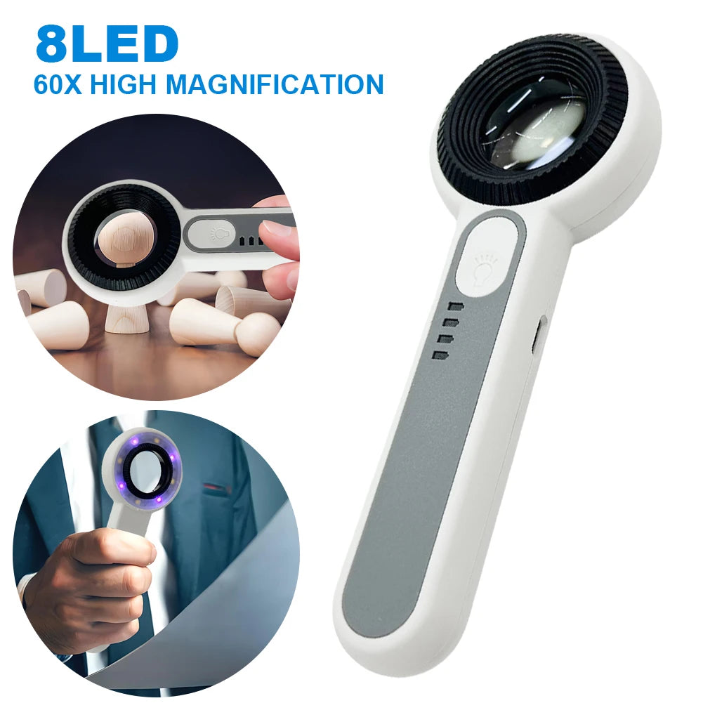 60X Handheld Magnifier Rechargeable Illuminated Magnifying Glass Wear Resist Lighting Book Magnifier for Seniors Reading Repair