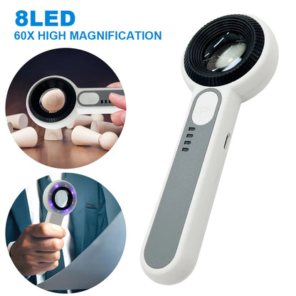60X Handheld Magnifier Rechargeable Illuminated Magnifying Glass Wear Resist Lighting Book Magnifier for Seniors Reading Repair
