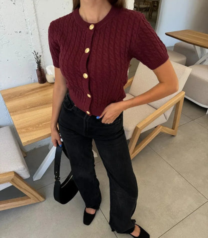 Trendix Women Winter Knit Cardigan Winter Street Fashion Patchwork Ribbed Short Sleeve Sweater Autumn Commute Knitwear Crop Top - Smarsty