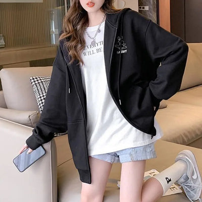 Women Embroidery Print Sporty Chic Hoodies Casual Zip Up Long Sleeve Loose Jacket Coats Harajuku Hooded Sweatshirts Streetwear - Smarsty