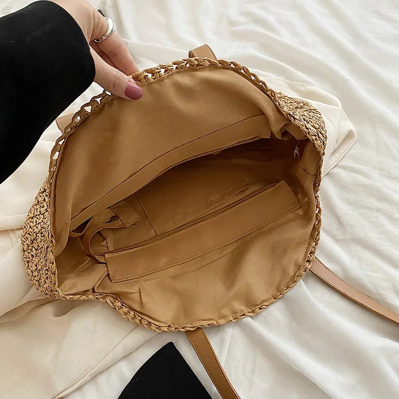 Round Straw Beach Tote for Women Large Capacity Bag - Smarsty
