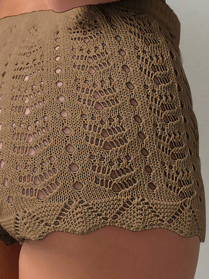 Polyester100.00% Hollow Drawstring Open Waist Knitted Bikini Blocked Women's Shorts - Smarsty