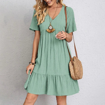 2025 Loose V-neck Short Sleeved Pleated Women Dress Solid Color A-line Beach Dresses Elegant Simple Comfortable Woman Clothing - Smarsty