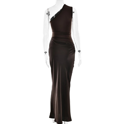 JULISSA MO Patchwork Satin Sexy One Shoulder Women Maxi Dress Brown Sleeveless Evening Dress Summer Slim Elegant Party Clubwear - Smarsty
