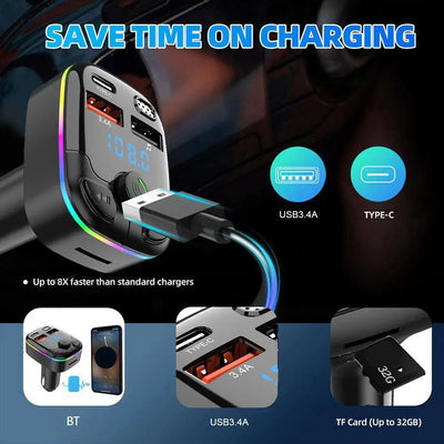 Bluetooth 5.0 Car FM Transmitter PD Type-C Dual USB Ambient Player Handsfree MP3 Charger Type-C Wireless Light PD QC3.0 Adapter - Smarsty