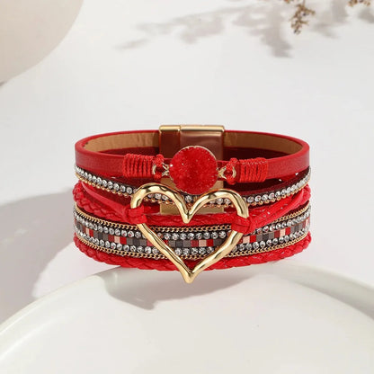 Women Leather Heart Charm Bracelet Rhinestone Wrap - Smarsty