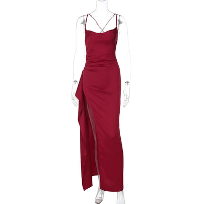 Ladies Summer Satin Fashion Evening Party Dress Women Sleeveless Backless Side Slit Long Dress Birthday Clubwear Woman Clothes - Smarsty