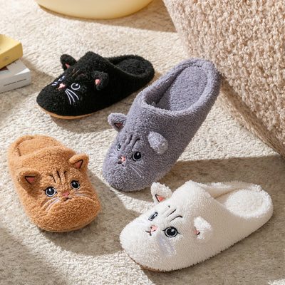 Women's Cartoon Cat Plush Slippers Cozy Winter Bedroom House Shoes with Non-Slip Soft Sole for Indoor Comfort Home Warm Shoes - Smarsty