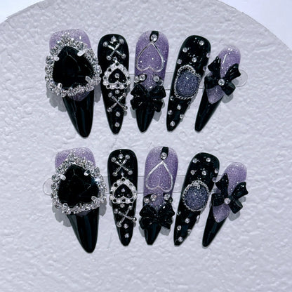 Dark Black Stiletto Press On Nails with Butterfly Design - Smarsty