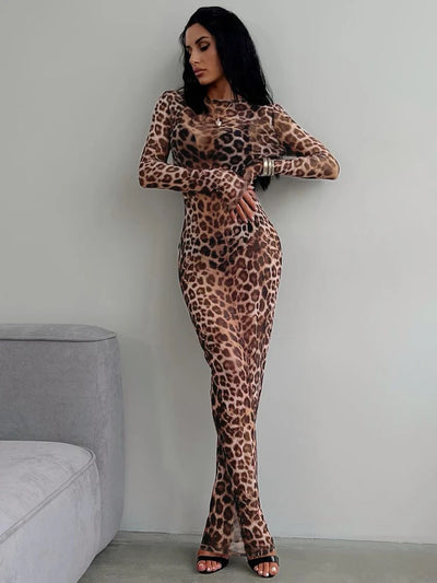 Hugcitar Leopard Print Mesh Long Sleeve Sexy Slim  See Through Maxi Dress Fall Women Fashion Outfits Beach Vacation Club - Smarsty