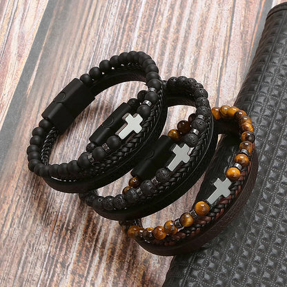 Men Leather Bracelet with Tiger Eye Beads Stylish Gift - Smarsty