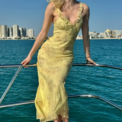 Cryptographic Summer Floral Print Plunge Maxi Dress Outfits Sexy Backless Fairy Sun Dresses Vacation Beachwear Vestido Coquette - Smarsty
