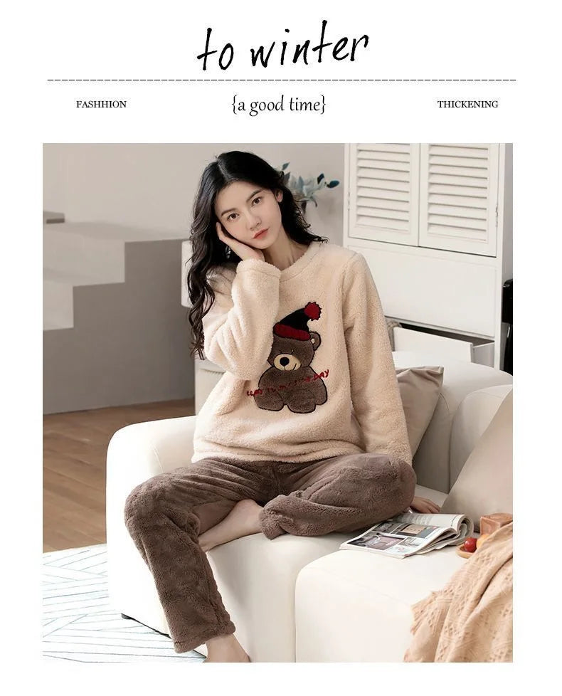 2pcs/Set Large Size Padded Thickened Warm Fall And Winter Women's Pajamas Long-Sleeved Long Pants Set Coral Velvet Cartoon Bear - Smarsty
