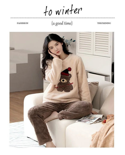 2pcs/Set Large Size Padded Thickened Warm Fall And Winter Women's Pajamas Long-Sleeved Long Pants Set Coral Velvet Cartoon Bear - Smarsty