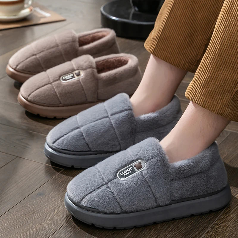 Men's slippers Winter Solid Color Wrap Heels Plush Slippers Non-slip Warm Women Men Home Casual Cotton Shoes Big Size 50 51 - Smarsty