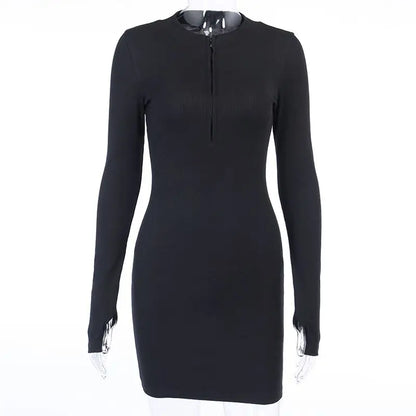 Long Sleeve Dresses for Women Black Sexy Club Bodycon Mini Dress Y2k High Waist Ladies Korean Short Dress Basic Autumn Winter - Smarsty