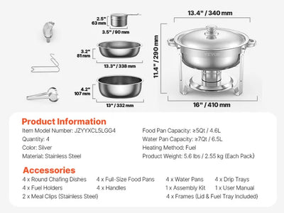 SucceBuy 4 Pack Chafing Dish Buffet Set Stainless Steel Chafer w/4 Full Size Pan Round Catering Warmer Server for Party Banquets - Smarsty