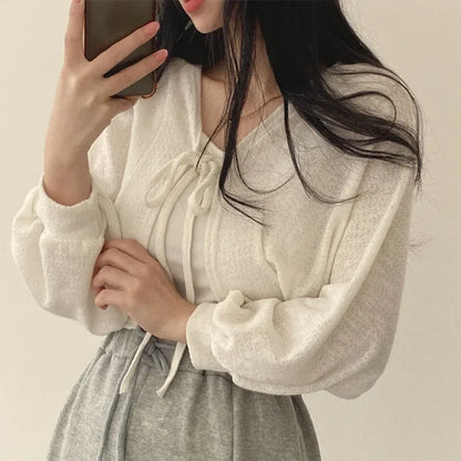 White Knitted Cardigan for Women Summer Thin Sunscreen Lace-Up Knitwear Tops Female Fashion Korean Lantern Sleeve Short Coat - Smarsty