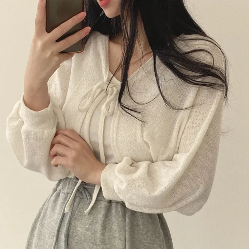 White Knitted Cardigan for Women Summer Thin Sunscreen Lace-Up Knitwear Tops Female Fashion Korean Lantern Sleeve Short Coat - Smarsty