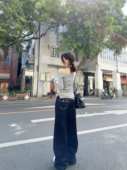 Sexy Pullovers Women Off Shoulder Cropped Knitted Basic Clothes Autumn All-match Side Slit Simple Tender Slim Gentle Seductive - Smarsty
