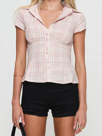 hirigin Women's Y2K Short Sleeve Plaid Button Down Shirt Button Down Blouses Tops Casual Summer Shirt Tops 90s Streetwear - Smarsty