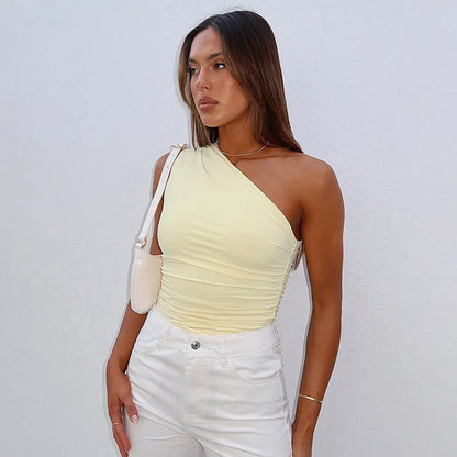 Solid Color One Shoulder Backless Shrink Tank Top T-Shirt Candy Color Tight Sexy Sleeveless Neckless Slim Casaul Top