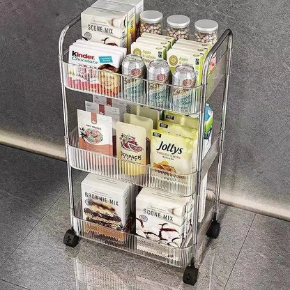 3/4 Layer Rolling Trolley Storage Rack Movable Trolley With Hanging Basket Bathroom Storage Makeup Snack Organizer Transparent