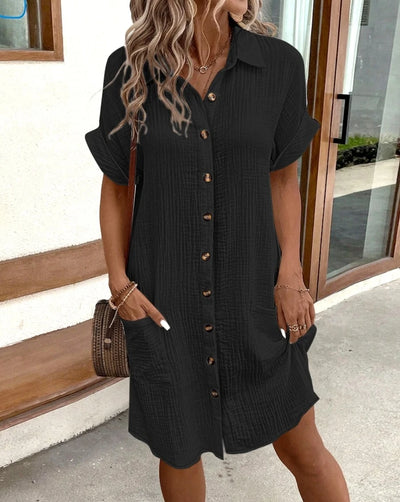Vintage Women Solid Mini Dress Summer Fashion V-neck Three Quater Sleeve Cotton Linen Dress Ladies Casual Holiday Vestidos - Smarsty