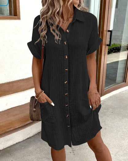 Vintage Women Solid Mini Dress Summer Fashion V-neck Three Quater Sleeve Cotton Linen Dress Ladies Casual Holiday Vestidos - Smarsty