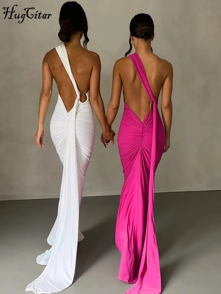Hugcitar One Shoulder Backless Adjustable Scarf Loop Ruched Sexy Maxi Dress Women Elegant Y2K Streetwear Festival Outfit - Smarsty