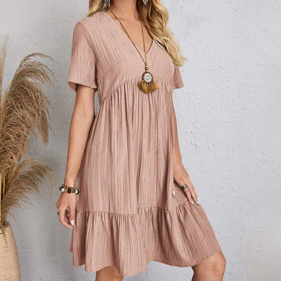 2025 Loose V-neck Short Sleeved Pleated Women Dress Solid Color A-line Beach Dresses Elegant Simple Comfortable Woman Clothing - Smarsty